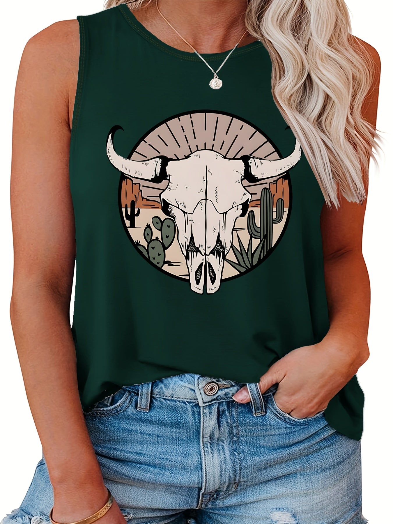 Women's Tank Top Desert & Cow Print Round Neck