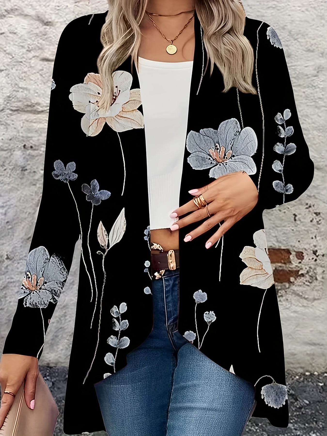 Floral Print Long Sleeve Open Front Cardigan