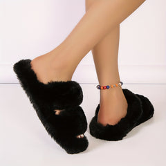 Two Bands Fluffy Indoor Slippers Open Toe Slip On Warm Plush Shoes Cozy