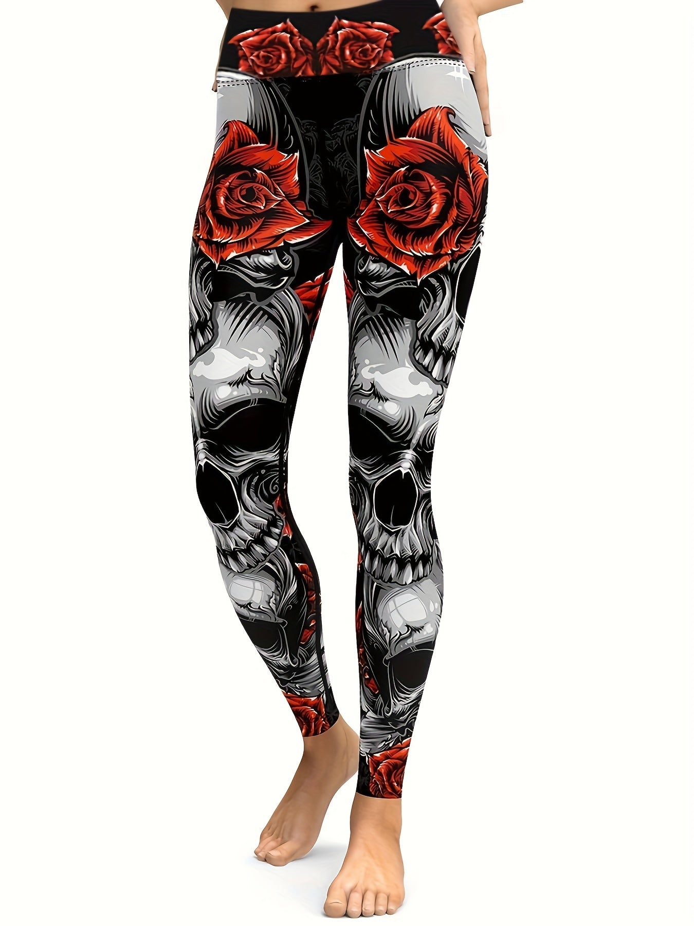 Flower & Skull Print Leggings For Halloween Yoga Fitness Pants