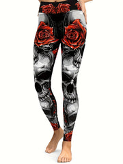 Flower & Skull Print Leggings For Halloween Yoga Fitness Pants