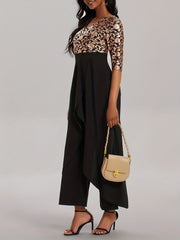 Floral Print Splicing Jumpsuit Casual 3 4 Sleeve Split Wide Leg Jumpsuit