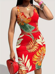 Tropical Print Tank Top & Skirt Set