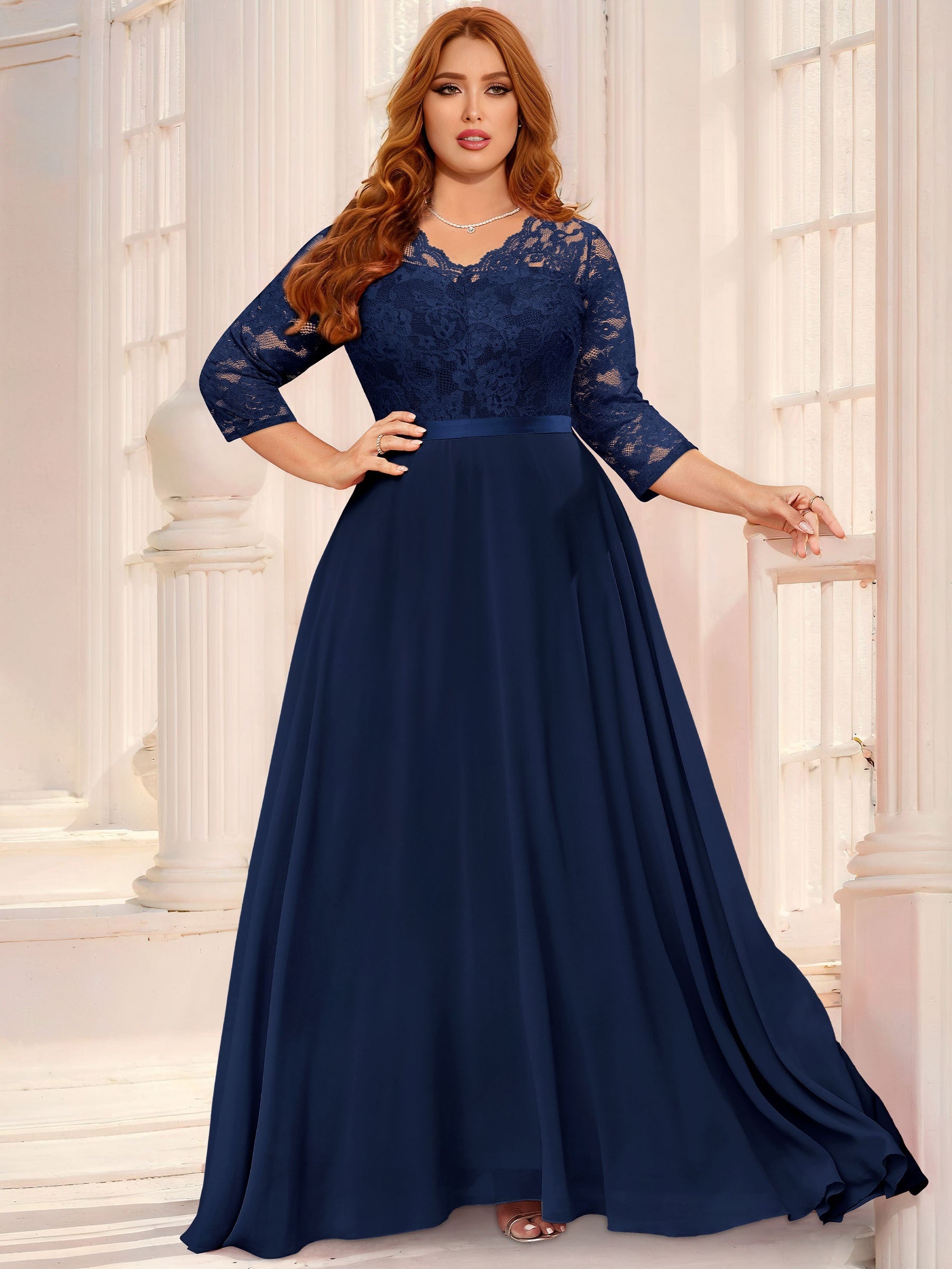 Floral Lace V Neck 3/4 Sleeve Maxi Dress
