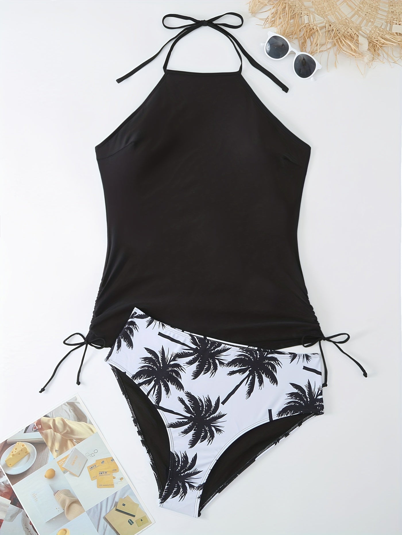 Lace Up Halter Tankini Set Tropical Panty Swim