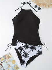 Lace Up Halter Tankini Set Tropical Panty Swim