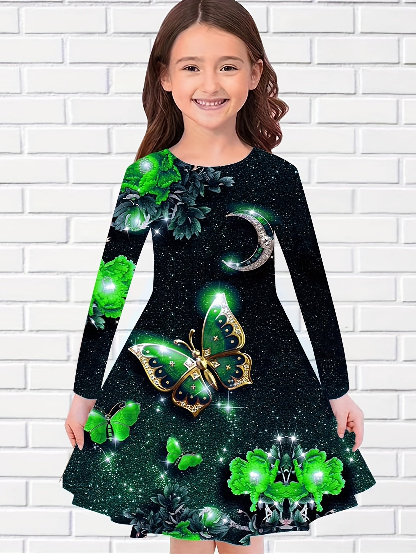 Dreamy Butterfly Starry Night Long Sleeve Dress Girls Party