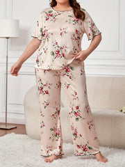 Floral Print Pajama Set Women's Round Neck Tee & Pants Home Wear