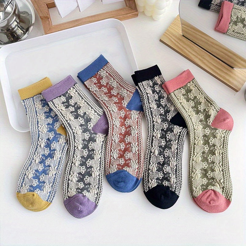 5 Pairs Retro Style Floral Print Colorblock Crew Socks Women's Stockings