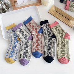 5 Pairs Retro Style Floral Print Colorblock Crew Socks Women's Stockings