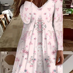 Women's Plus Size Floral Print Long Sleeve V Neck Dress