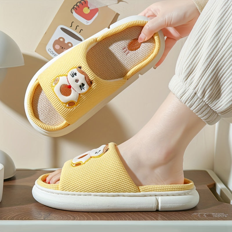 Women's Animal Printed Slippers Open Toe Non-Slip Linen Slide Shoes