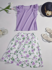Girl's Ruffle Sleeve Shirt & Floral Skirt Set