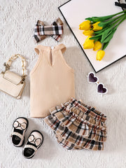 Baby's Stylish Suit Halter Top & Layered Plaid Skirt Set