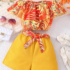 Girls Hawaiian Graphic Ruffle Top & Belted Shorts Set for Party Vacation