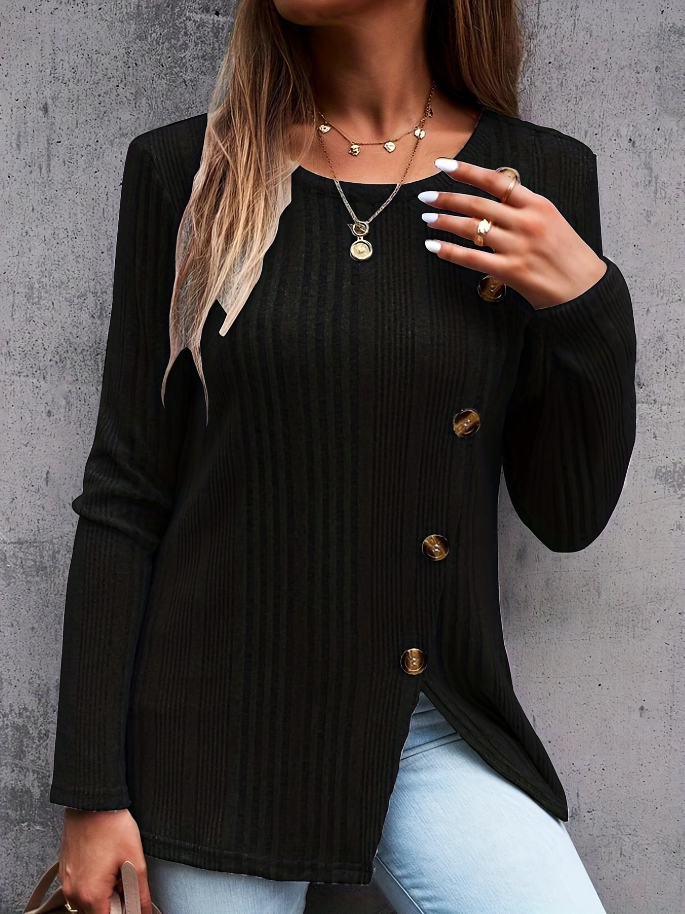 Casual Knit Top Ribbed Knit Long Sleeve Round Neck Pullover Jumper