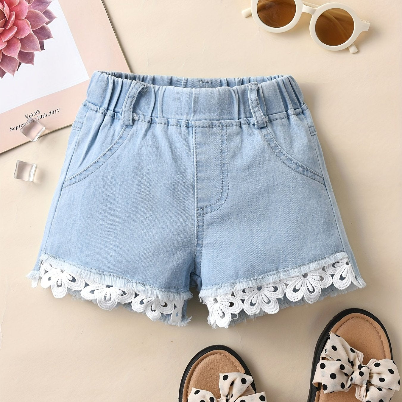 Girls' Denim Lace Shorts - Summer Casual Short Jeans