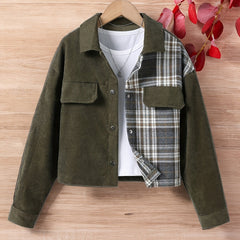 Girls Corduroy Plaid Collared Snap Jacket