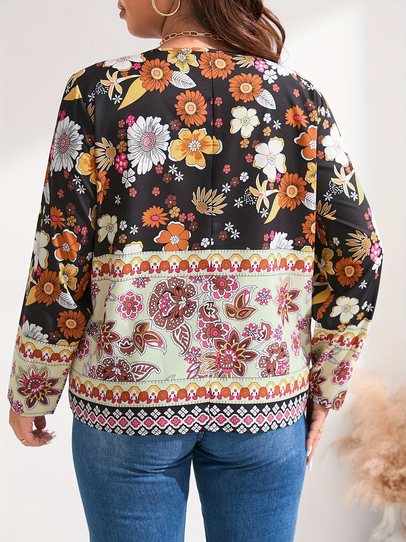 Boho Blouse Patchwork Print Long Sleeve V Neck Shirt Top