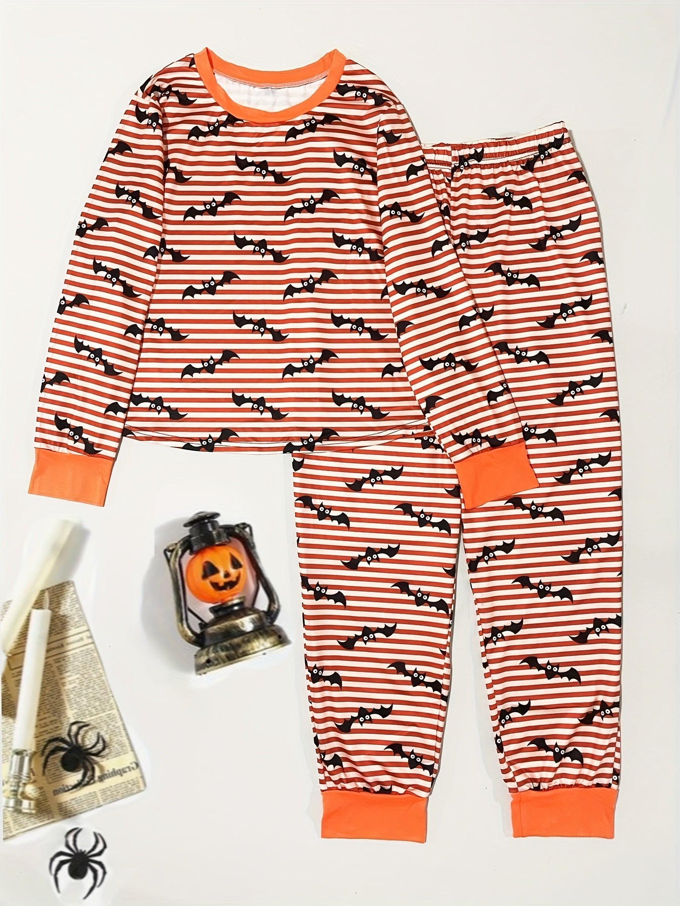 Stripe & Bat Print Pajama Set Long Sleeve Top & Pants