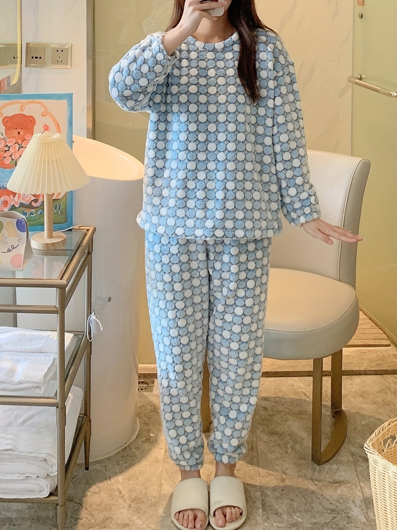 Polka Dot Fuzzy Pajama Set Women's Sleepwear