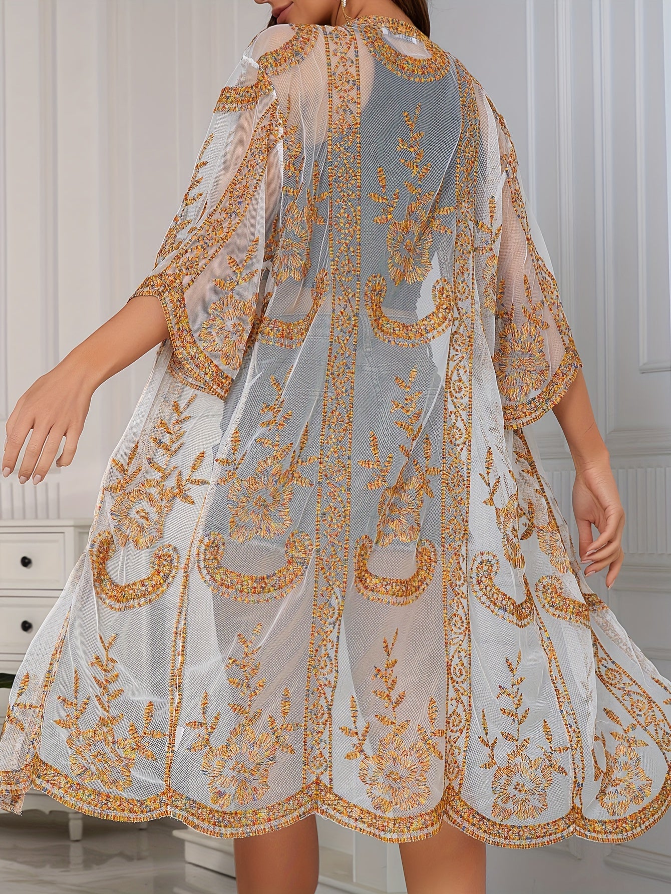 Floral Embroidery Sheer Open Front Cover Up