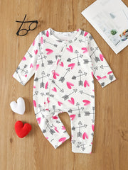 Heart Print Onesie Long Sleeve Jumpsuit for Baby Girls