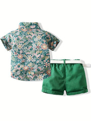 2pcs Boys Flower Short Sleeves Shirt & Shorts & Bow Tie Summer Clothes Sets