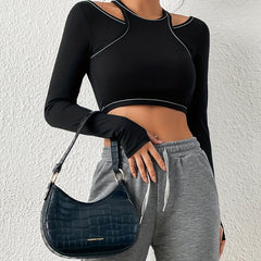Stretchy Crop Top Long Sleeve Thumb Holes T-shirt