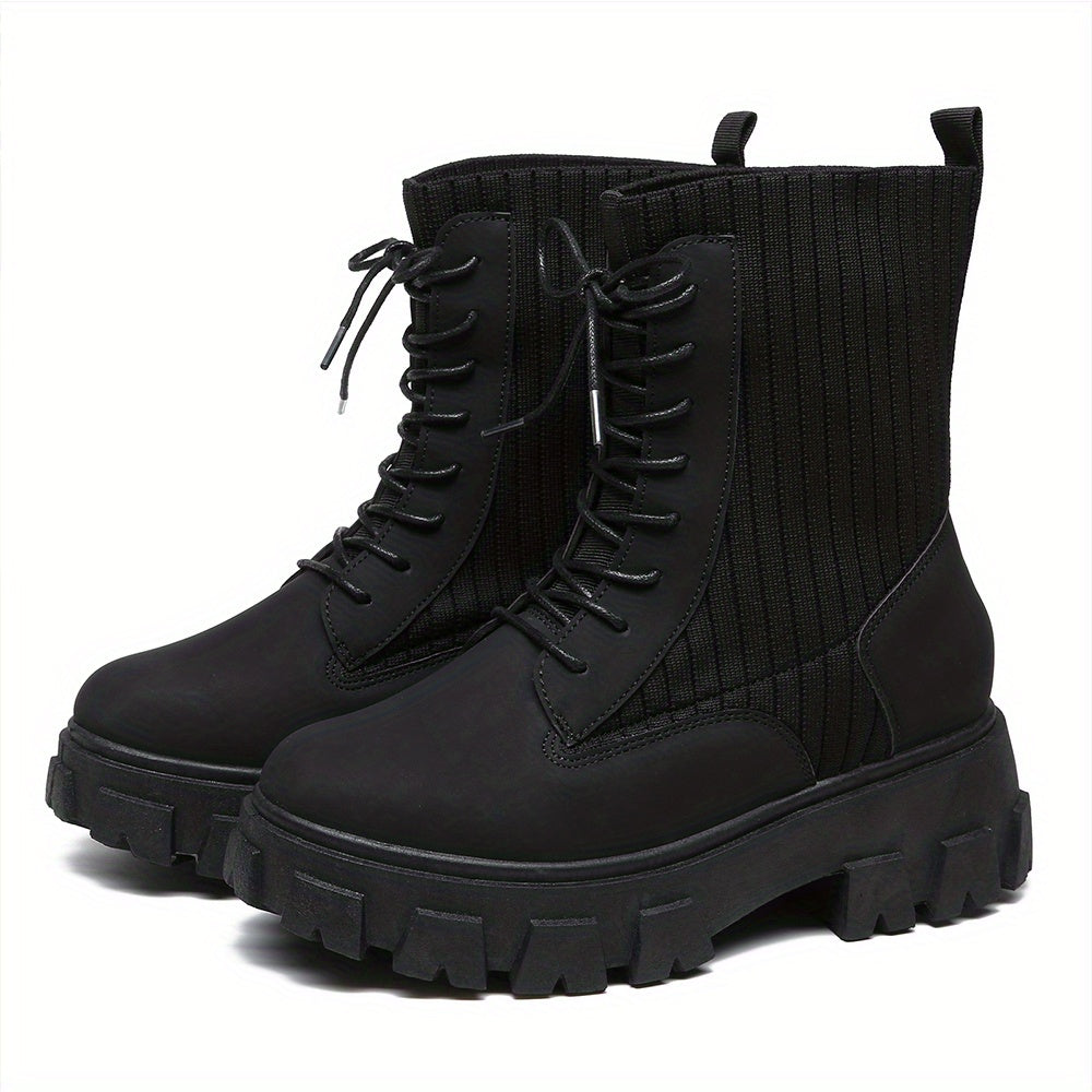 Women's Lace Up Combat Boots Solid Round Toe Platform Slim Elastic Shoes