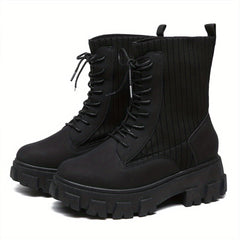 Women's Lace Up Combat Boots Solid Round Toe Platform Slim Elastic Shoes