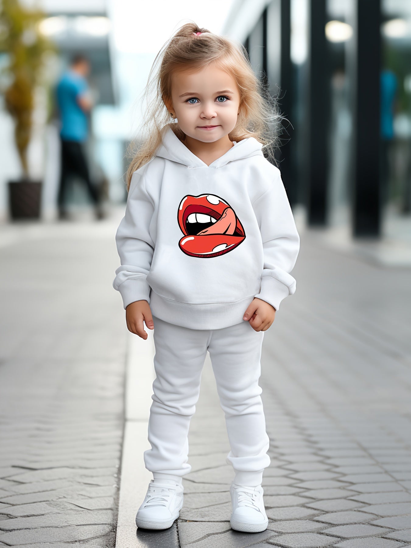 Girls Boys 2pcs Lips Print Hooded Pullover Pants Set Spring Fall