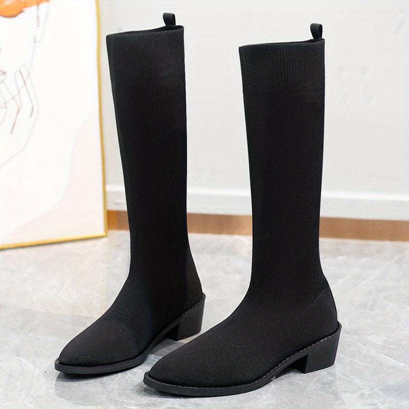 Women's Chunky Heel Long Boots Comfortable Slip On Shoes