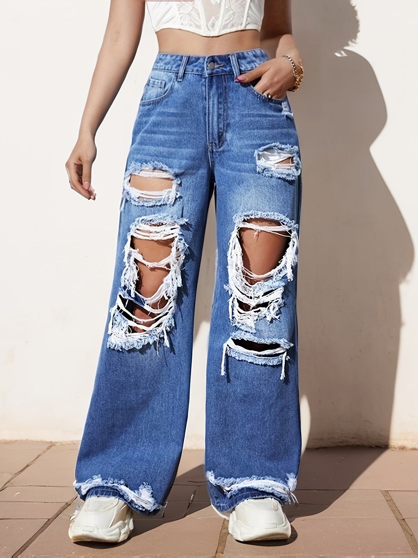 Distressed Straight Leg Jeans High Rise Wide Legs