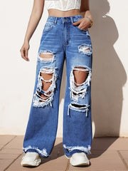 Distressed Straight Leg Jeans High Rise Wide Legs