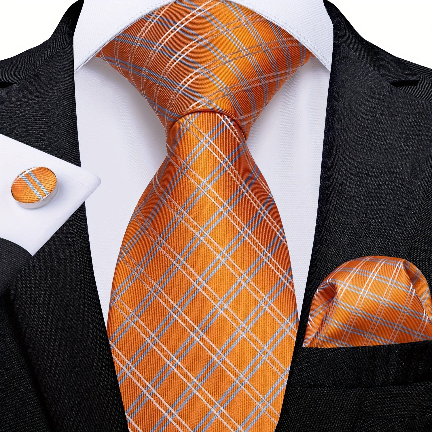 Men's Plaid Orange Silk Tie Set for Wedding Party