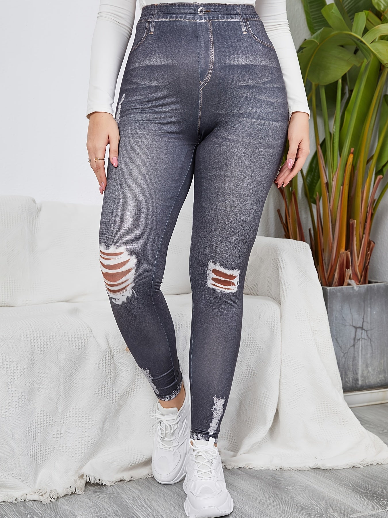 3D Denim Ripped Print Leggings Women's Plus High Rise Medium Stretch