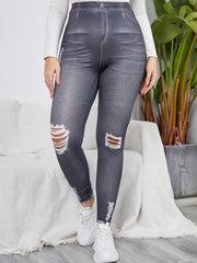 3D Denim Ripped Print Leggings Women's Plus High Rise Medium Stretch