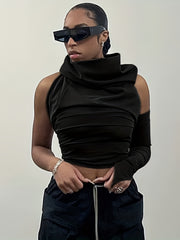 Ruched Crop Hoodie Halter Neck Backless Solid Hoodie