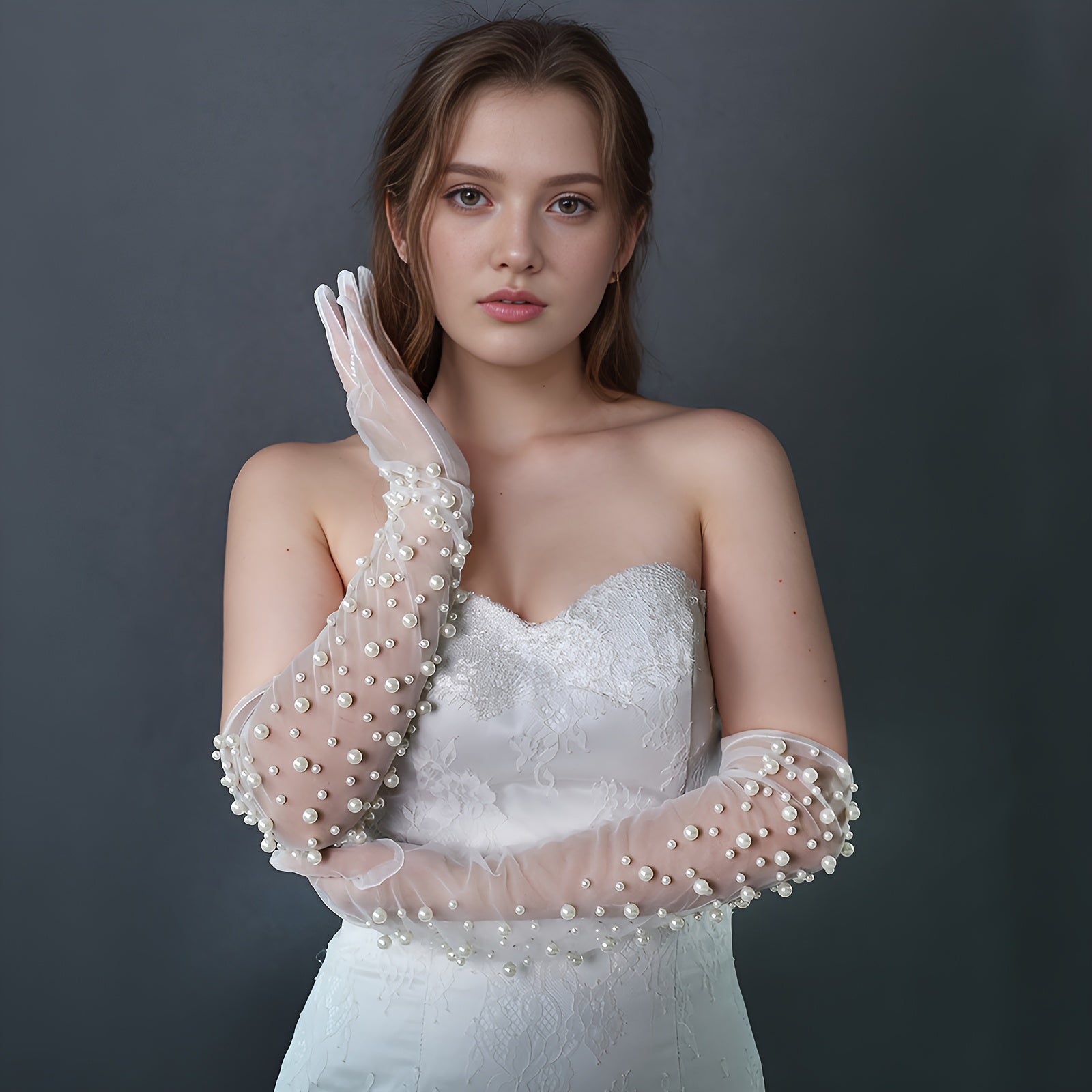 Faux Pearl Mesh Long Gloves for Women - Wedding & Party Accessory