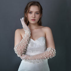Faux Pearl Mesh Long Gloves for Women - Wedding & Party Accessory