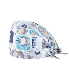 Cartoon Print Work Hat Adjustable Nurse Hat With Buttons Elastic Scrub Cap