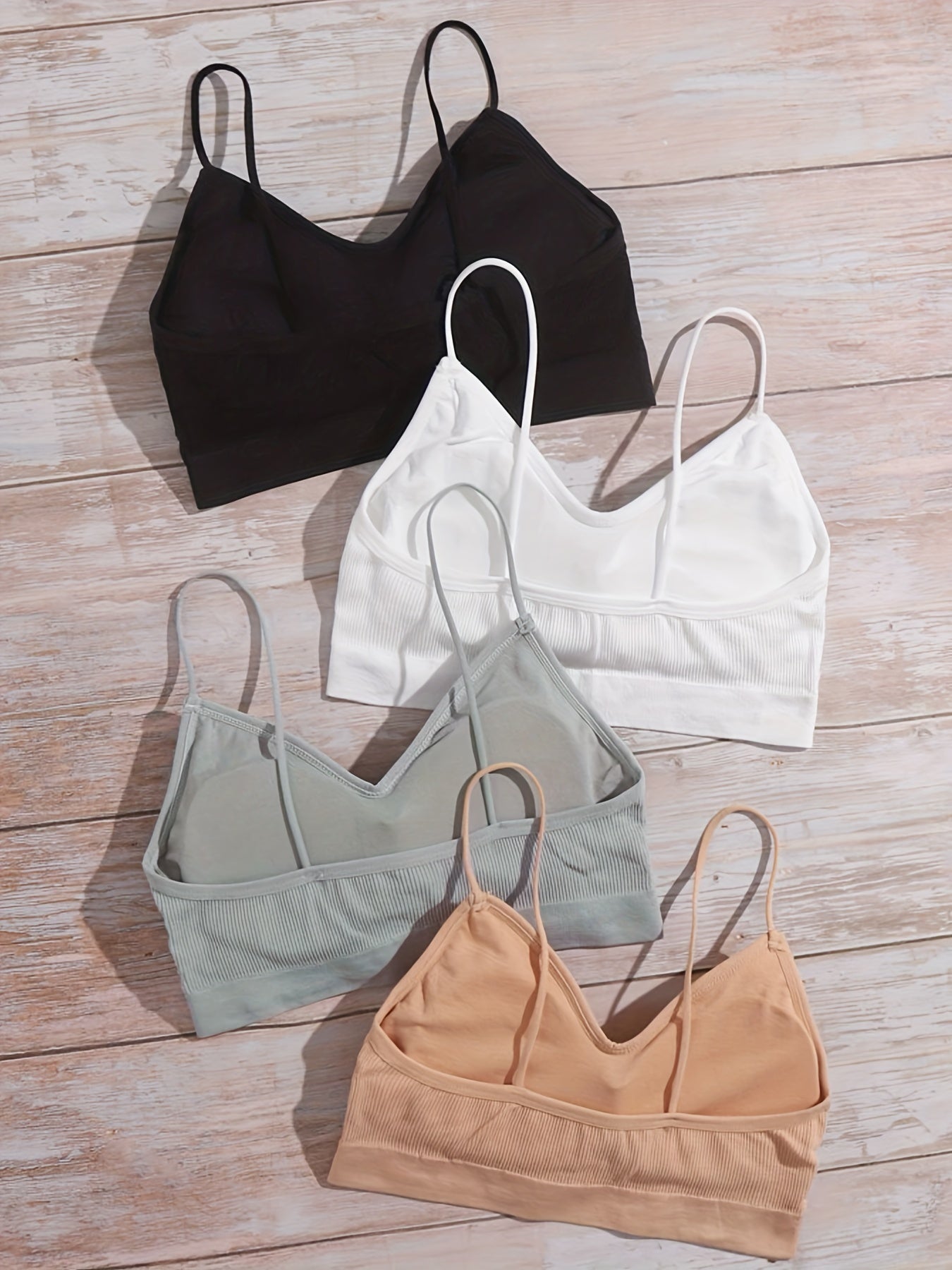 4pcs Solid Ribbed Wireless Bras Comfy Stretch Intimates Bra Women's Lingerie