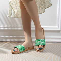 Women's Flat Linen Slides Breathable Open Toe Slip On Shoes