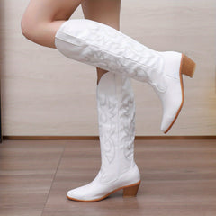 Embroidered Knee High Boots V cut Chunky Heeled Western Boots