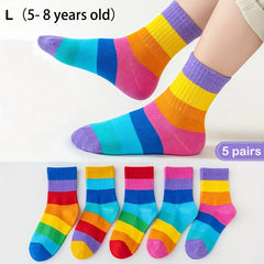 Girl's Rainbow Striped Knitted Crew Socks for Outdoor Wear