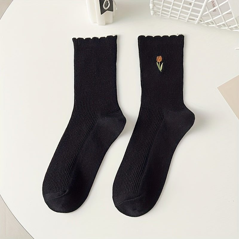 5 Pairs Floral Print Socks Comfy & Scallop Trim Women's Stockings