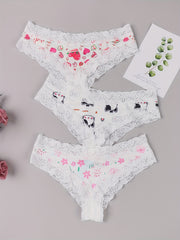3 Pack Plus Size Cheeky Panties - Floral & Heart & Cat Print Lace Trim