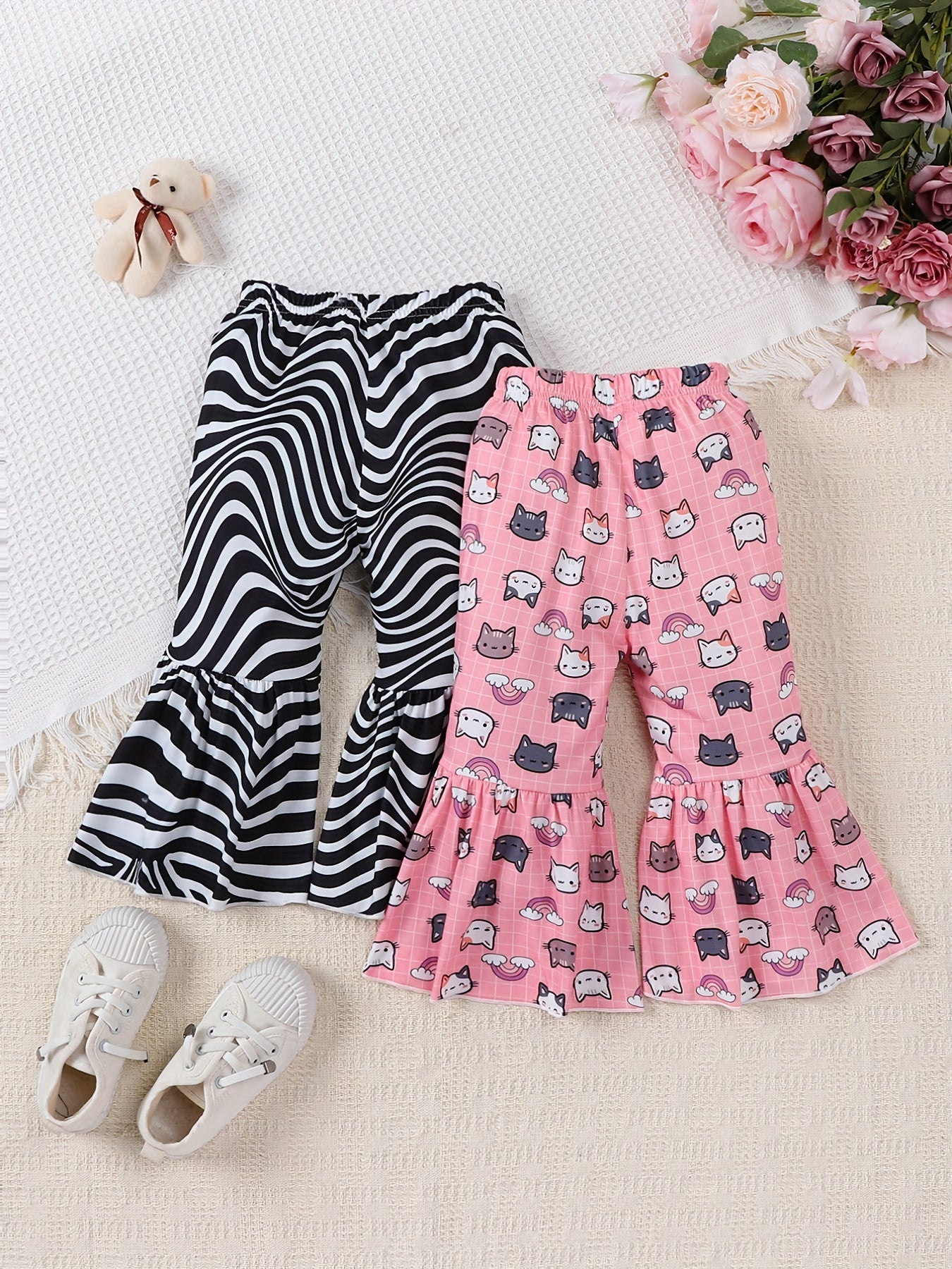 Baby Girls Water Ripple & Cartoon Cat Flared Trousers 2pcs