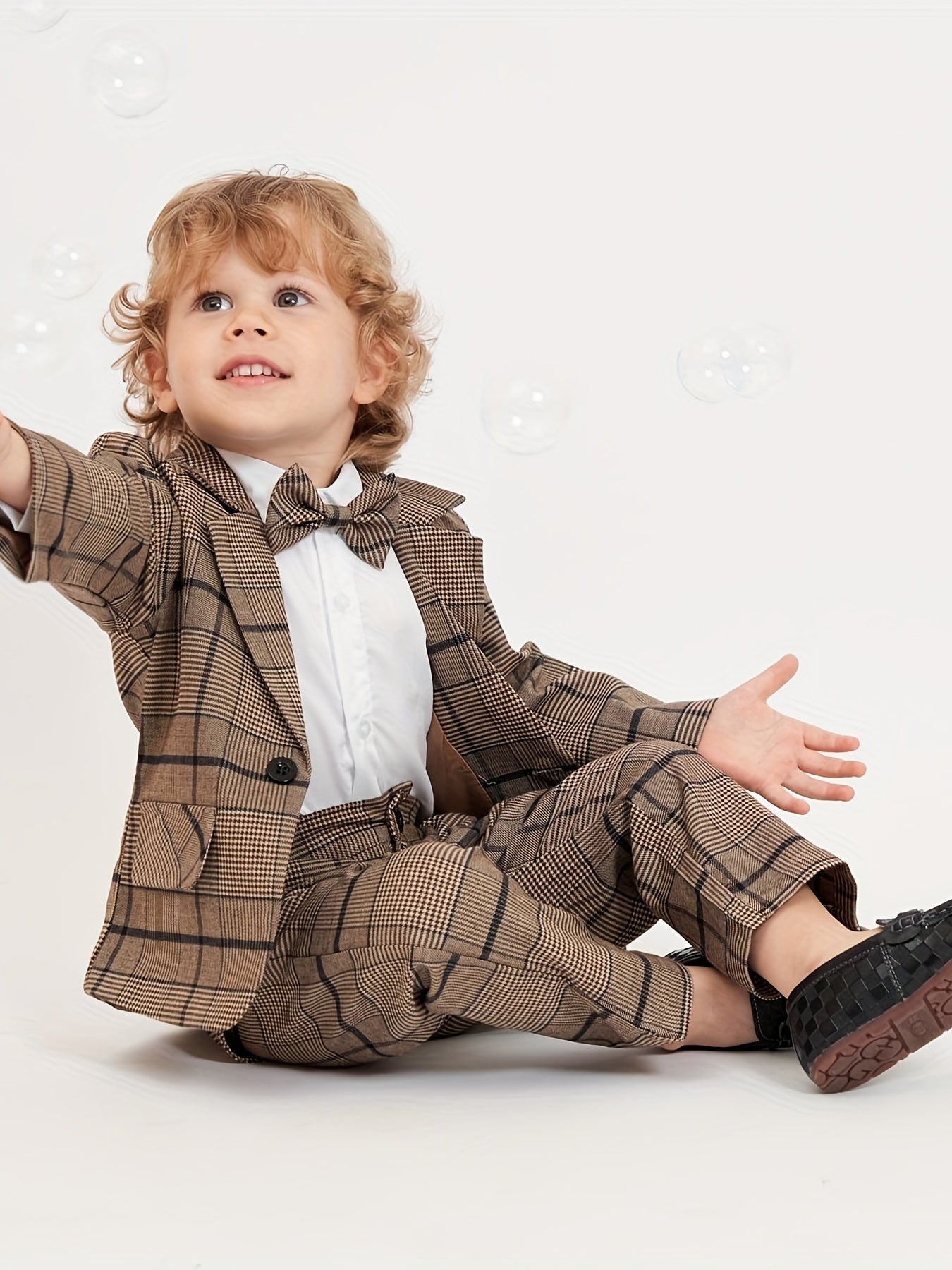 Baby Boys Gentleman 2pcs Suit Plaid Top With Bow Plaid Pants